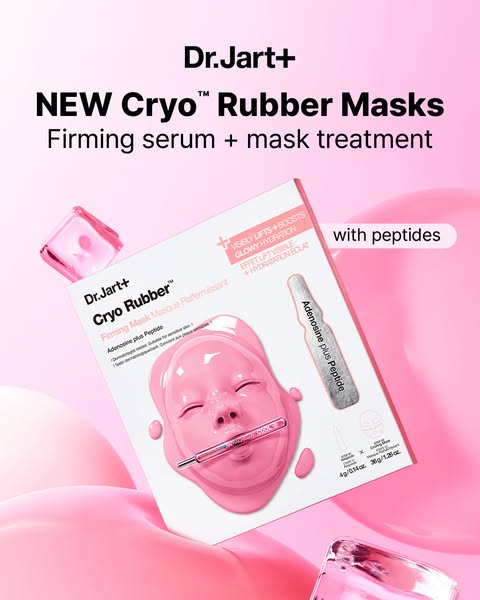 This ad showcases Dr.Jart+'s NEW Cryo™ Rubber Masks, highlighting their firming serum and mask treatment. The ad emp