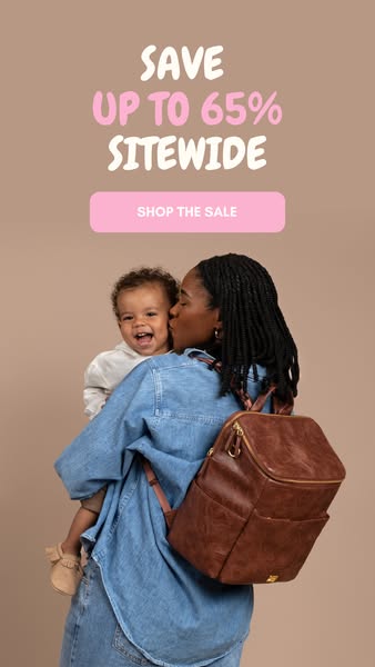 This image ad promotes a sale of up to 65% off sitewide on diaper bags and other baby accessories. It features an Africa