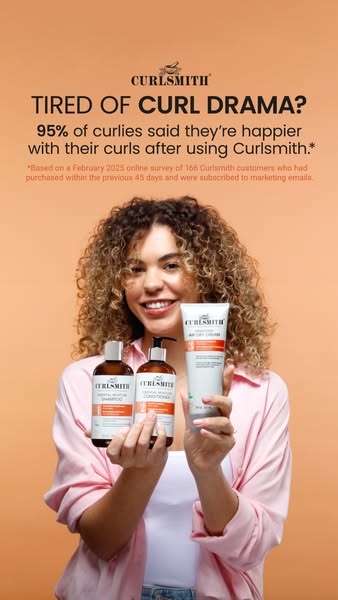 An image ad from Curlsmith featuring a woman holding three products, highlighting the products' ability to solve &qu