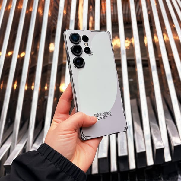 This ad features a hand holding a Samsung phone with a clear case on it. The case has a black line drawing of the Samsun