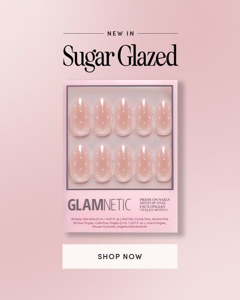 This ad promotes Glamnetic press-on nails in the Sugar Glazed style. The image features the product packaging and a call