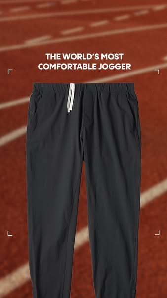 This ad showcases a pair of comfortable joggers against a blurred track background, emphasizing their comfort and versat