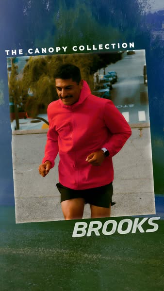 This ad features a man running in a red Brooks Canopy Collection jacket. The ad highlights the brand and the collection.