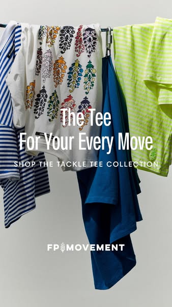 This ad for FP Movement showcases their "Tackle Tee Collection" by displaying a variety of different colored s