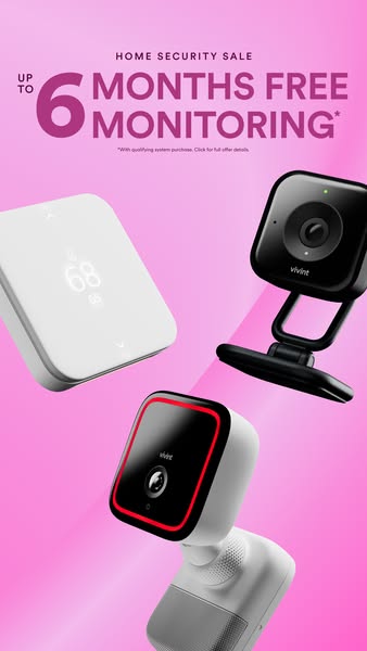 This ad promotes Vivint's home security system by highlighting an offer of up to 6 months of free monitoring. The vi
