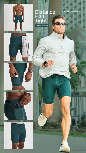 This ad for "Distance Half Tight" athletic shorts features a running man and close-up views of the shorts'