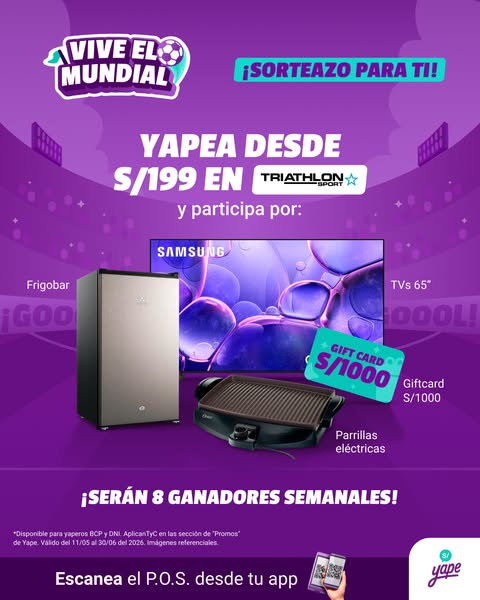 This image ad promotes Yape's partnership with Triathlon Sport, advertising the chance to win prizes by paying with 