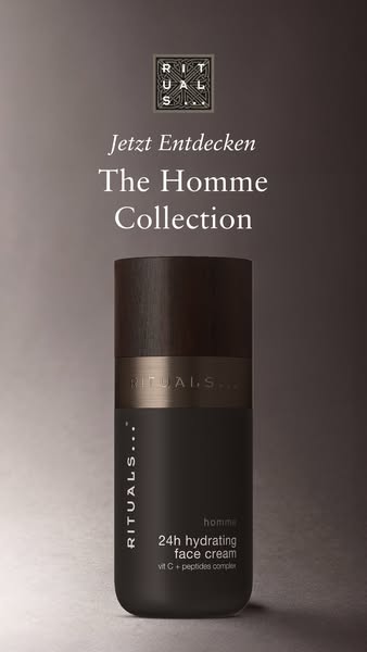 This ad promotes The Homme Collection by Rituals, specifically the 24h hydrating face cream. The ad uses a clean, minima