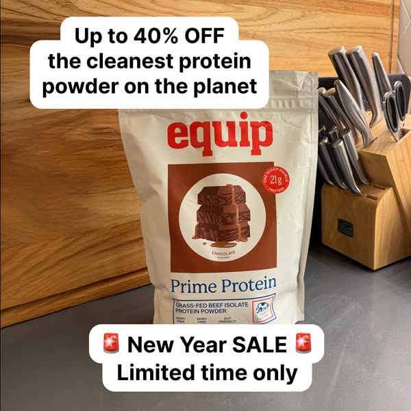This image ad promotes Equip Prime Protein powder, highlighting its cleanliness and offering a limited-time New Year sal