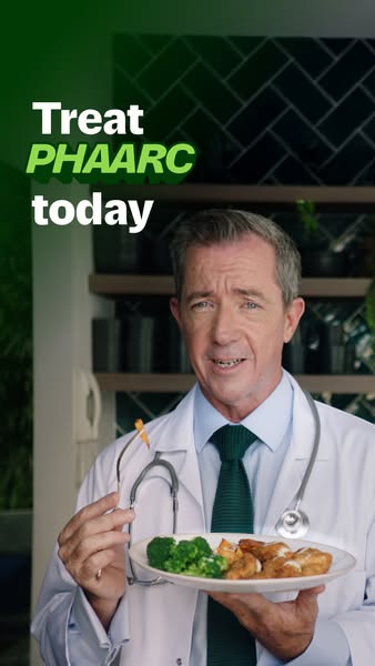 This ad features a doctor holding a plate of food and encouraging viewers to treat their PHAARC today.