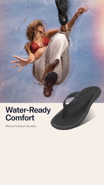 This ad showcases the brand's beach sandals with a water-ready feature. The ad features a woman in a bikini top and 