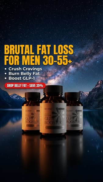 Ad for Bioma GLP-1 Booster capsules targeted towards men age 30-55+ wanting to lose belly fat. The ad highlights that th