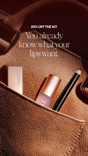 The image ad showcases Lawless lip products inside of a tan purse. The ad attempts to draw viewers in with the offer of 