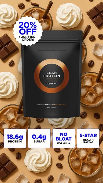 This ad promotes Tropeaka's Lean Protein powder, highlighting its health benefits and offering a discount on the fir