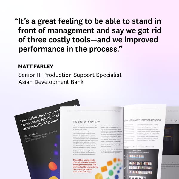 This ad uses a customer testimonial to highlight the benefits of adopting the Observability Platform, focusing on cost r