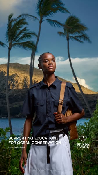 This ad features Letitia Wright standing in front of a Hawaiian landscape to promote Prada's support for ocean conse