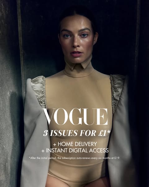 This ad promotes a Vogue magazine subscription for 3 issues at £1, with home delivery and instant digital access. The ad