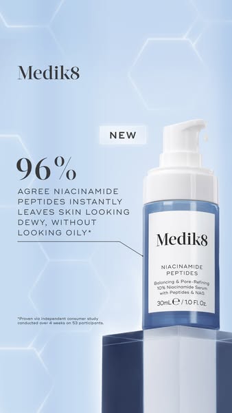 This ad for Medik8's Niacinamide Peptides serum highlights the product's ability to leave skin looking dewy with