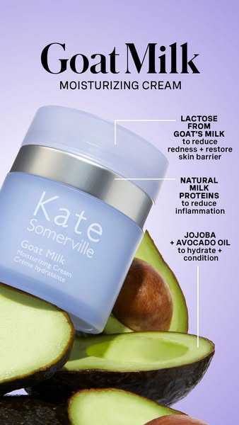 This ad showcases Kate Somerville's Goat Milk Moisturizing Cream, highlighting its key ingredients and benefits. The