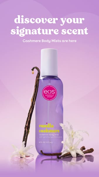 The image ad promotes EOS Vanilla Cashmere body mist. The ad features the product bottle against a light purple backgrou