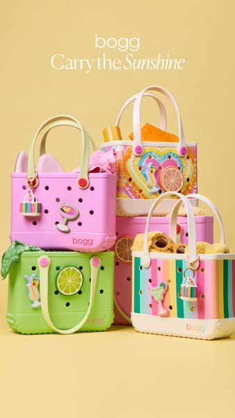 This ad features a collection of Bogg brand tote bags in a variety of colors and styles, grouped against a bright yellow