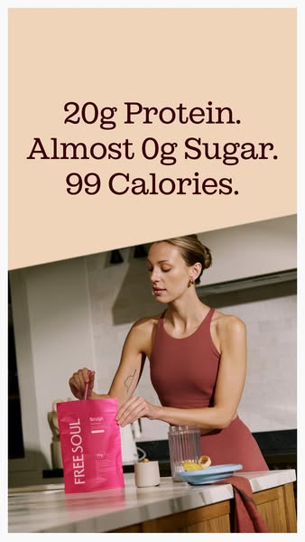 This image ad for Free Soul features a woman in workout clothes preparing a drink with Free Soul protein powder. The ad 