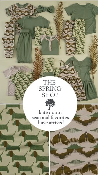 The ad features a collection of baby and children's clothing from Kate Quinn's spring shop. A variety of items, 