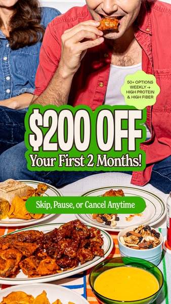 This ad shows a couple eating a meal with the text overlay offering new customers $200 off their first two months. The a