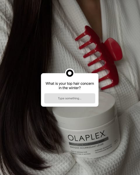 The ad showcases Olaplex's Weightless Nourishing Mask alongside a question prompt about hair concerns in the winter,