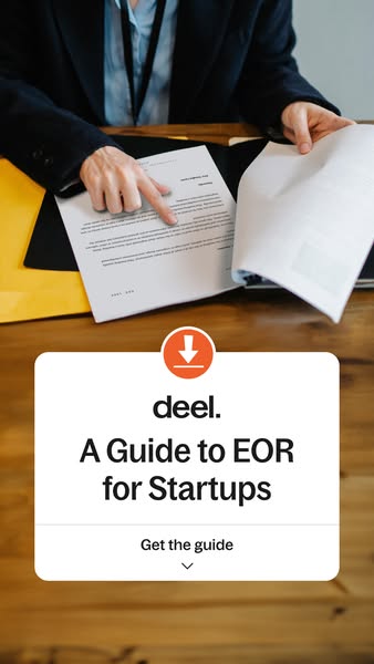 This ad promotes Deel's guide to EOR (Employer of Record) for startups. The ad features a person in professional att