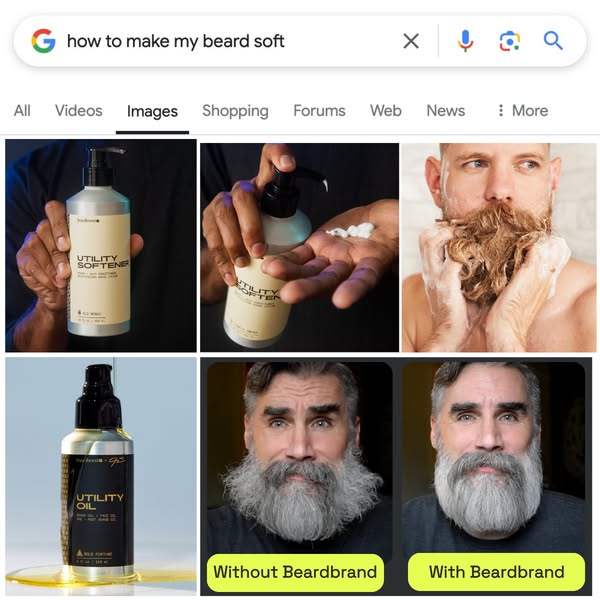 This ad uses a before and after format to showcase the effectiveness of Beardbrand's beard softening products. It fe