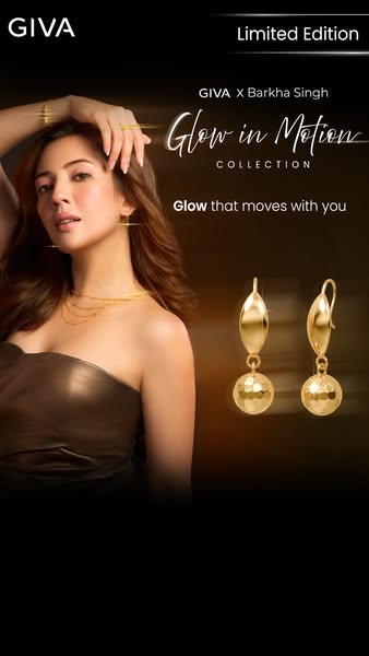 This ad showcases the GIVA X Barkha Singh Glow in Motion Collection, highlighting the earrings. The ad features a model 