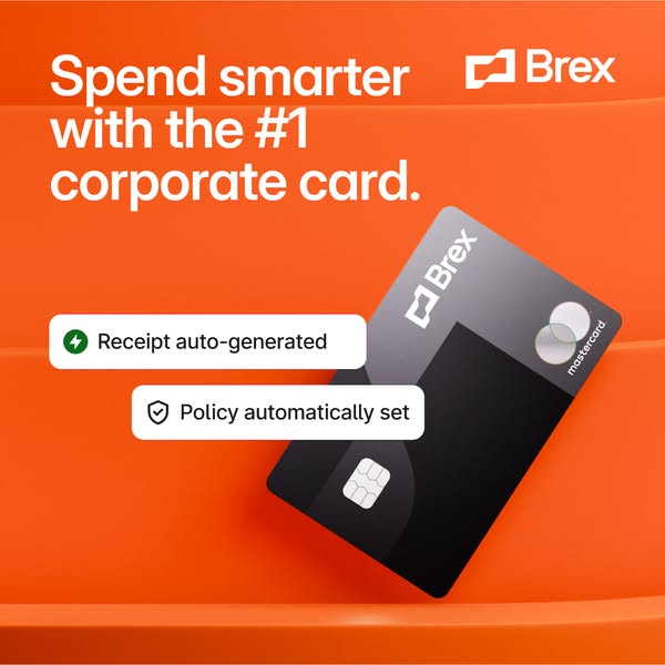 This ad promotes the Brex corporate card with a clean, modern design. It features the card prominently against a branded