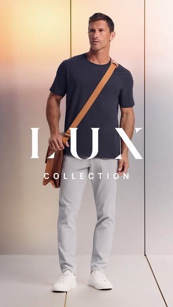 This ad features a full shot of a man wearing a t-shirt, pants, and sneakers from the Lux Collection. He is also wearing