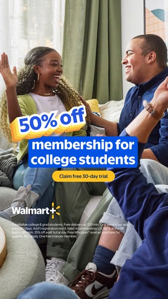 This image ad promotes a 50% discount on Walmart+ memberships for college students, along with a free 30-day trial. The 