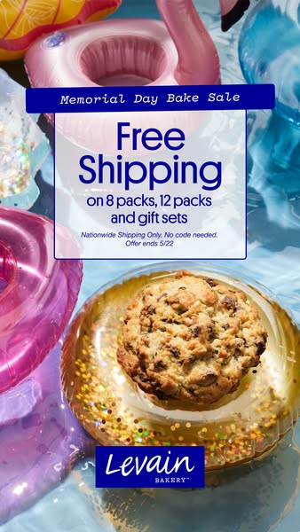 A summer-themed ad for Levain Bakery promoting free shipping on select purchases.