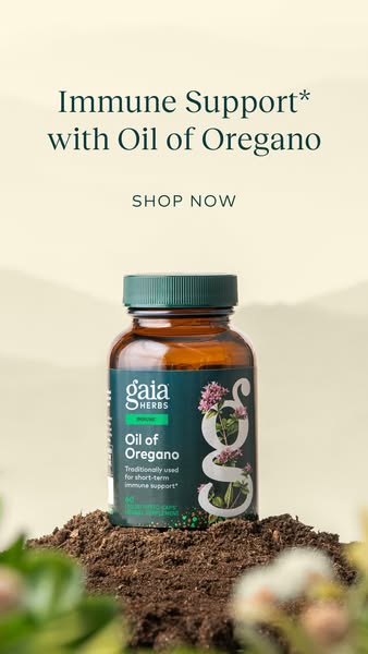 Image ad for Gaia Herbs Oil of Oregano supplement, promoting immune support.
