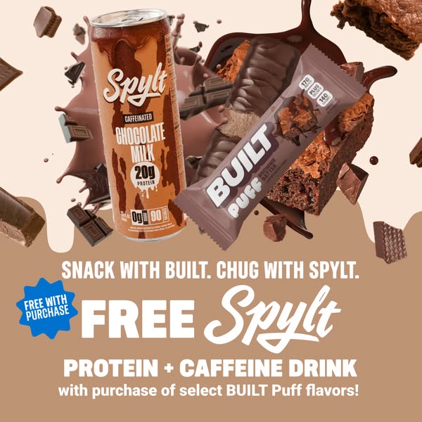 An image ad for Spylt caffeinated chocolate milk and Built Puff protein bars. It advertises a free Spylt protein and caf