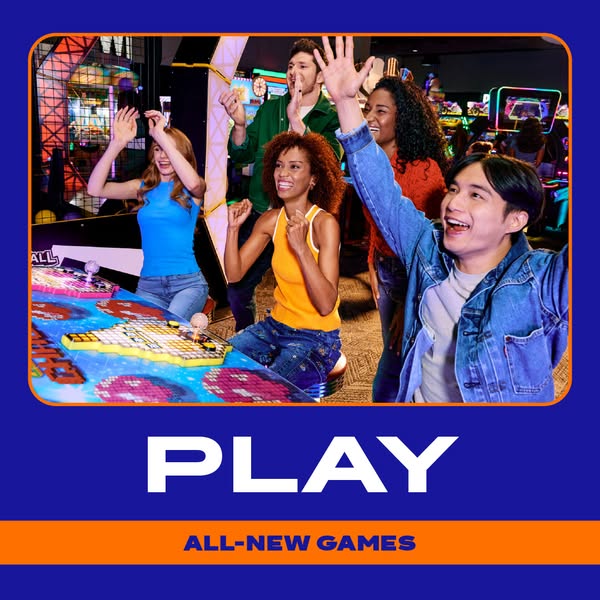 This image ad features five young adults playing games at an arcade, promoting the availability of all-new games at the 