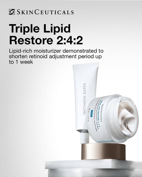 This ad showcases SkinCeuticals' Triple Lipid Restore 2:4:2 moisturizer and its ability to shorten the retinoid adju