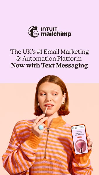 This ad promotes Mailchimp as the UK's #1 Email Marketing & Automation Platform, which now includes text messagi