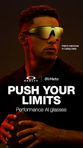 This ad features Patrick Mahomes endorsing Oakley's Performance AI glasses. The ad highlights the brand partnership 