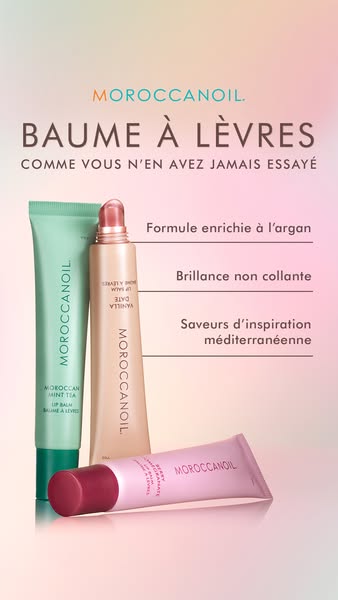 This ad showcases Moroccanoil lip balms, highlighting their argan-enriched formula, non-sticky shine, and Mediterranean-