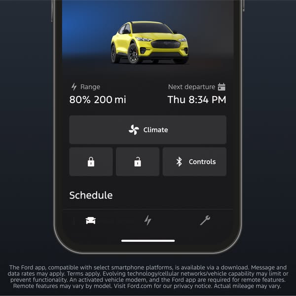 This ad showcases the Ford app interface on a smartphone screen, highlighting features such as remote climate control, s