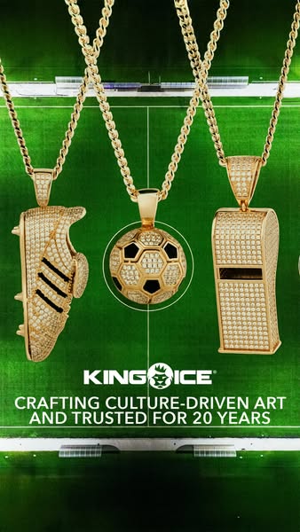 This ad showcases various gold chain necklaces with pendants from King Ice. The pendants are shaped like a soccer cleat,