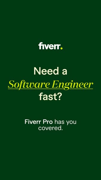 This ad promotes Fiverr Pro for businesses in need of a software engineer. The text-based ad is visually simple, with Fi