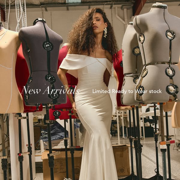 This ad features a woman in a white dress, surrounded by dress forms, promoting new arrivals and limited ready-to-wear s