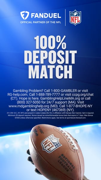 This ad for Fanduel promotes a 100% deposit match for new users. The ad features a football being held by a gloved hand 