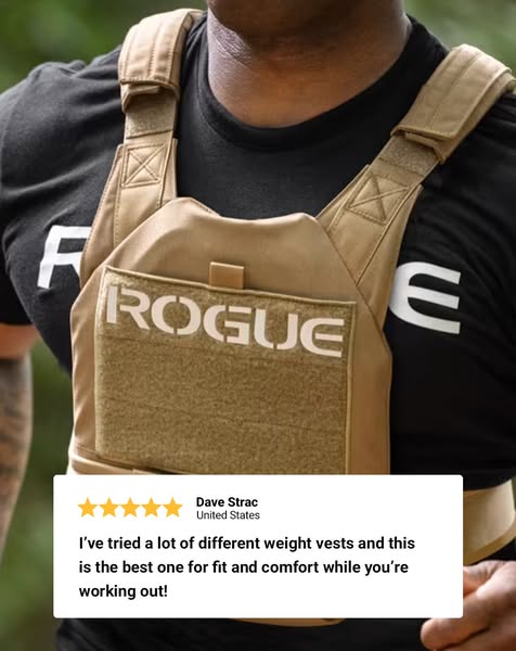 This ad features a testimonial from a customer who claims that the Rogue weight vest is the best one for fit and comfort