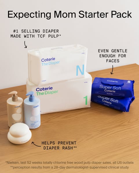 This ad is for Coterie brand diapers, wipes, and diaper rash cream. It is targeted towards expecting mothers and highlig